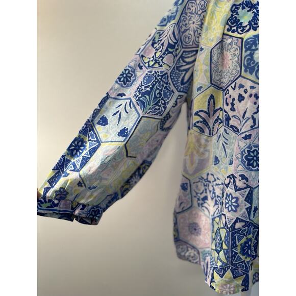 Talbots Coastal Colorful Peasant Blouse Blue Floral Patchwork 3/4 Sleeve SZ LP - Picture 3 of 6